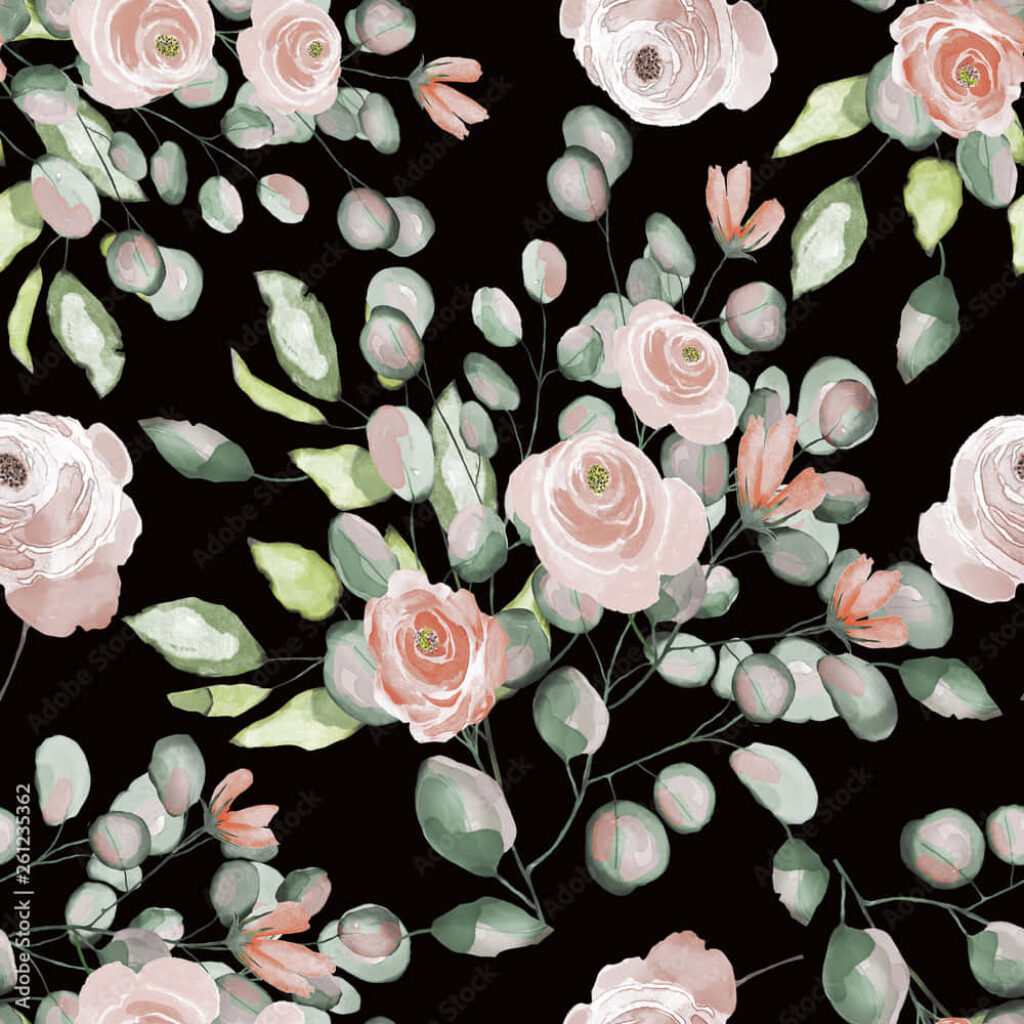 Pink & White Watercolor Roses on Bold Black Background Wallpaper