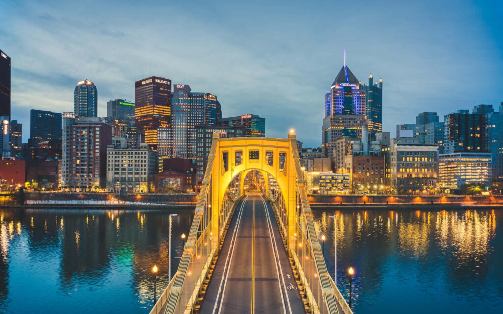 Stunning Pittsburgh Skyline Reflection from Clemente Bridge - Wallpaper