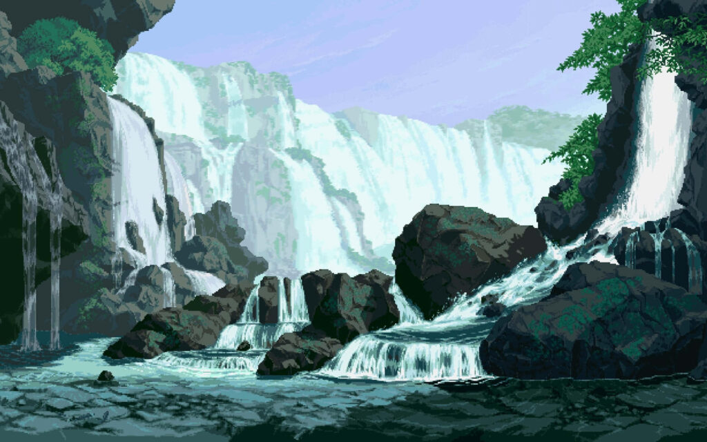 Stunning Pixel Art Wallpaper: Waterfalls in Serene Natural Landscape