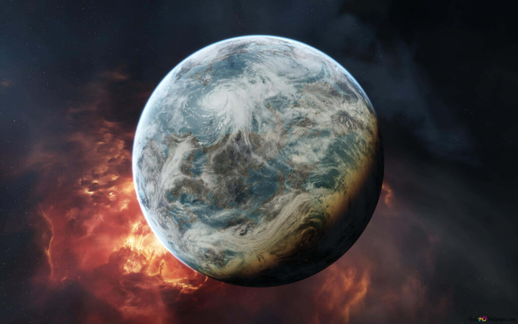 Stunning Cosmic Planet Wallpaper with Fiery Shades and Cloud Patterns