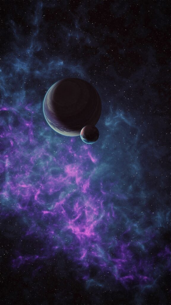 Cosmic Planet and Satellite Wallpaper: Purple & Blue Nebula Background