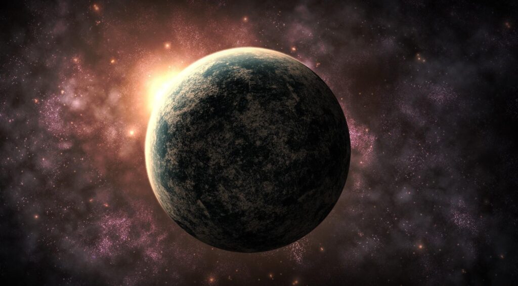 Stunning Planetary Scene Wallpaper: Dark Planet & Colorful Nebula