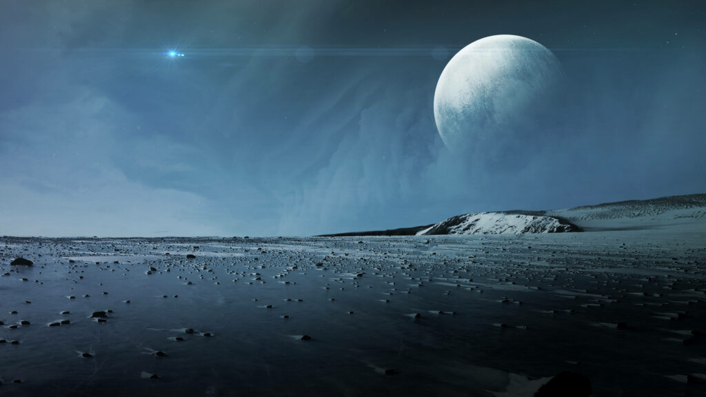 Serene Icy Pluto Wallpaper: Stunning Land Rover View Under Starry Sky