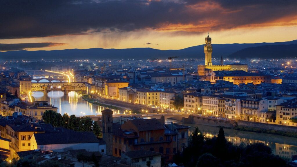 Twilight Ponte Vecchio Wallpaper: Charming Florence River Reflections