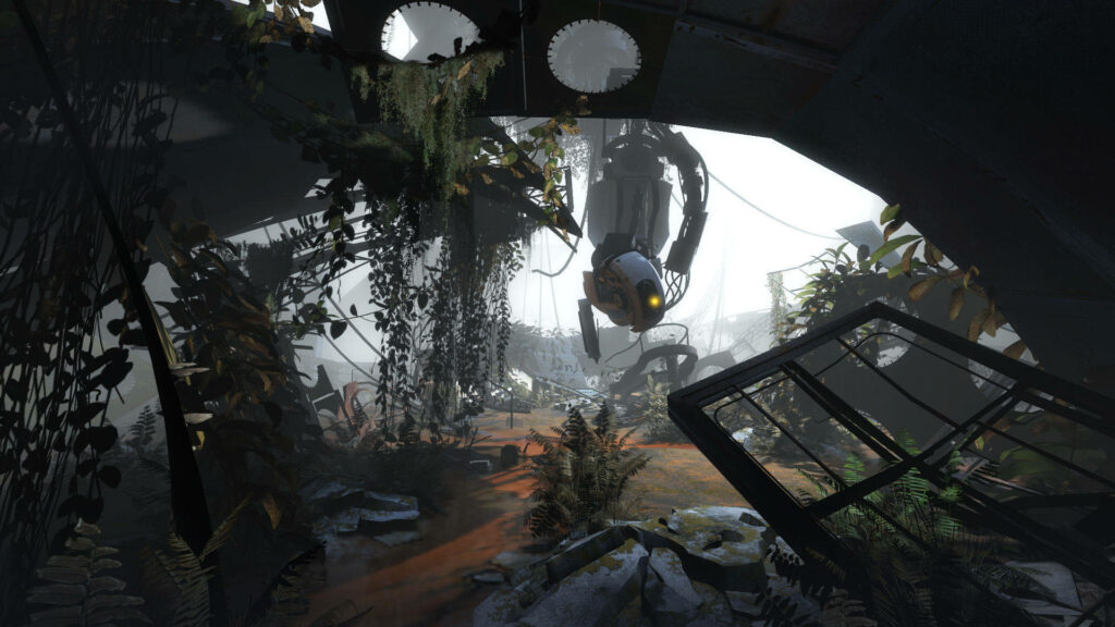 Stunning Portal 2 Dual-Screen Wallpaper: GLaDOS in a Ruined Facility