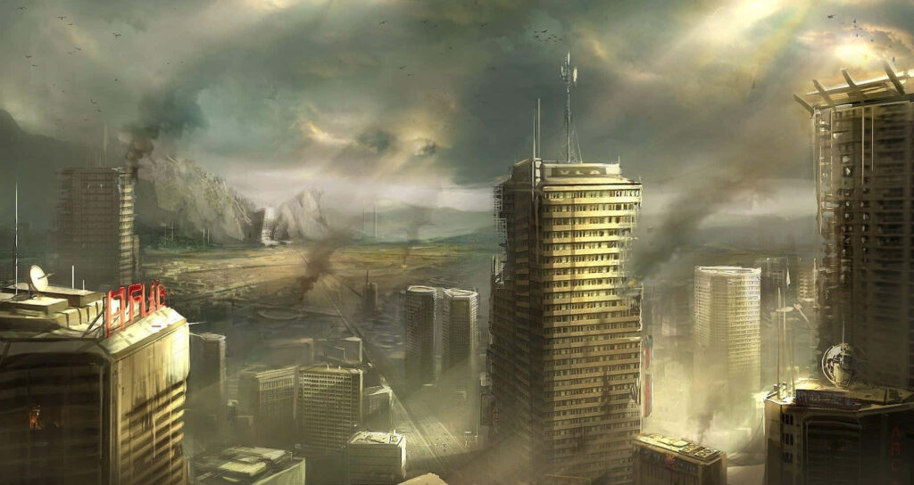 Post-Apocalyptic Cityscape Wallpaper: Dramatic Sunlight & Skyscrapers