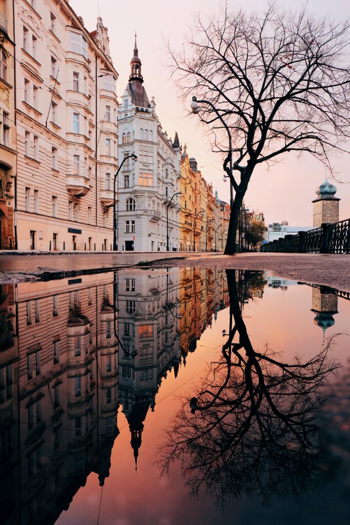 Stunning Prague Wallpaper: Sunset Reflection in Puddle