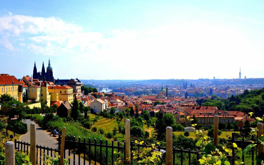 Prague's Stunning Garden Wallpaper: Iconic Architecture & Sunny Skies