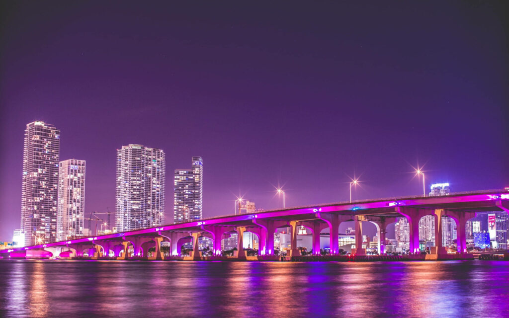 Stunning Purple Aesthetic Wallpaper: Night Bridge & Cityscape Reflection