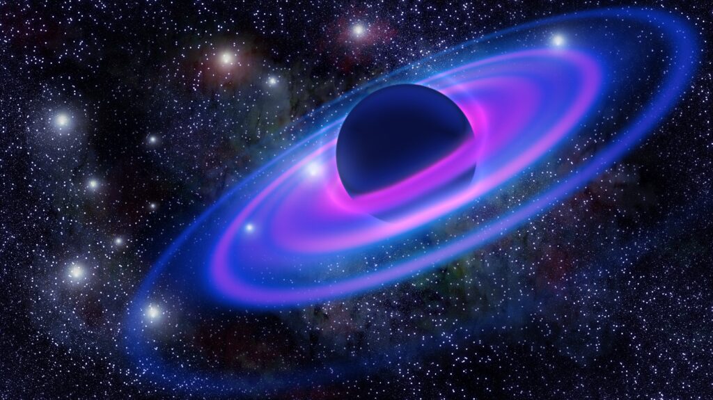 Stunning Cosmic Wallpaper: Glowing Ringed Planet & Galaxy Stars