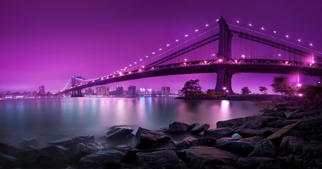 Stunning Night Wallpaper: Purple Bridge & City Reflection Background