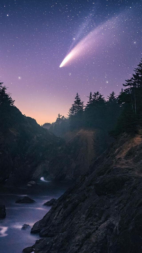 Stunning Purple Galaxy Wallpaper with Shooting Star and Rocky Cliffs