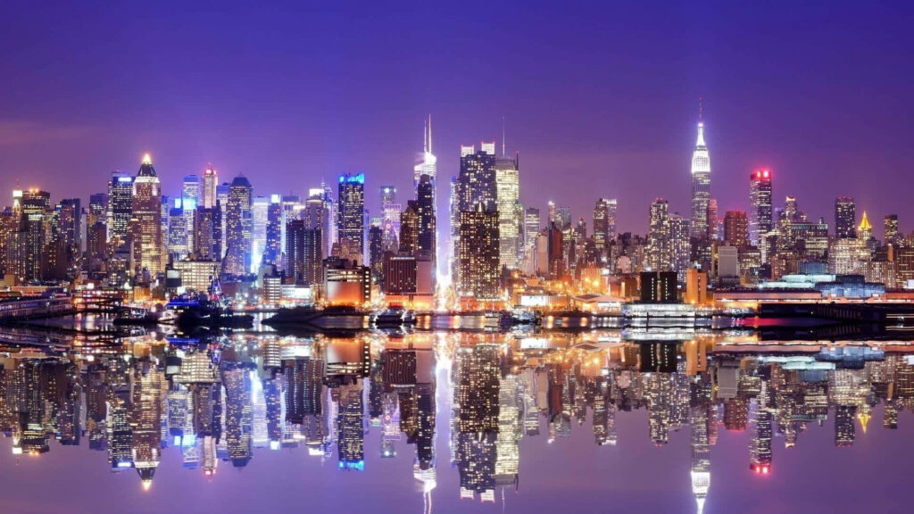 Stunning Purple City Skyline Wallpaper - Vibrant Nightscape Reflection
