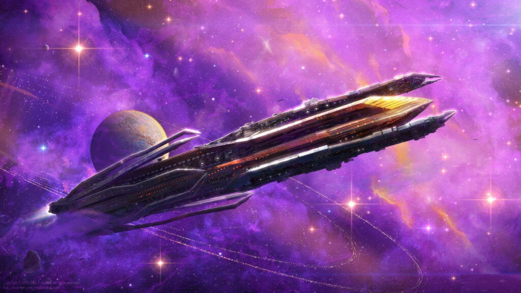 Vibrant Purple Space Wallpaper: Sleek Spaceship & Cosmic Patterns