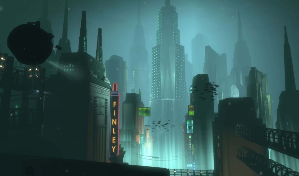 Stunning Rapture City Wallpaper: Underwater Metro Skyline in Green Glow