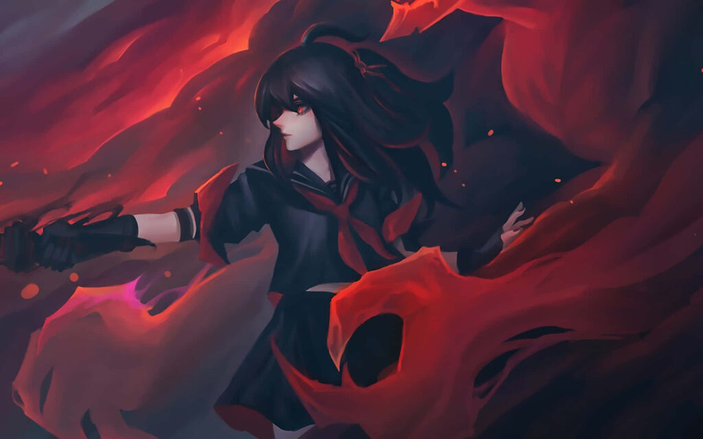 Dynamic Red & Black Anime Wallpaper with Fiery Character Action