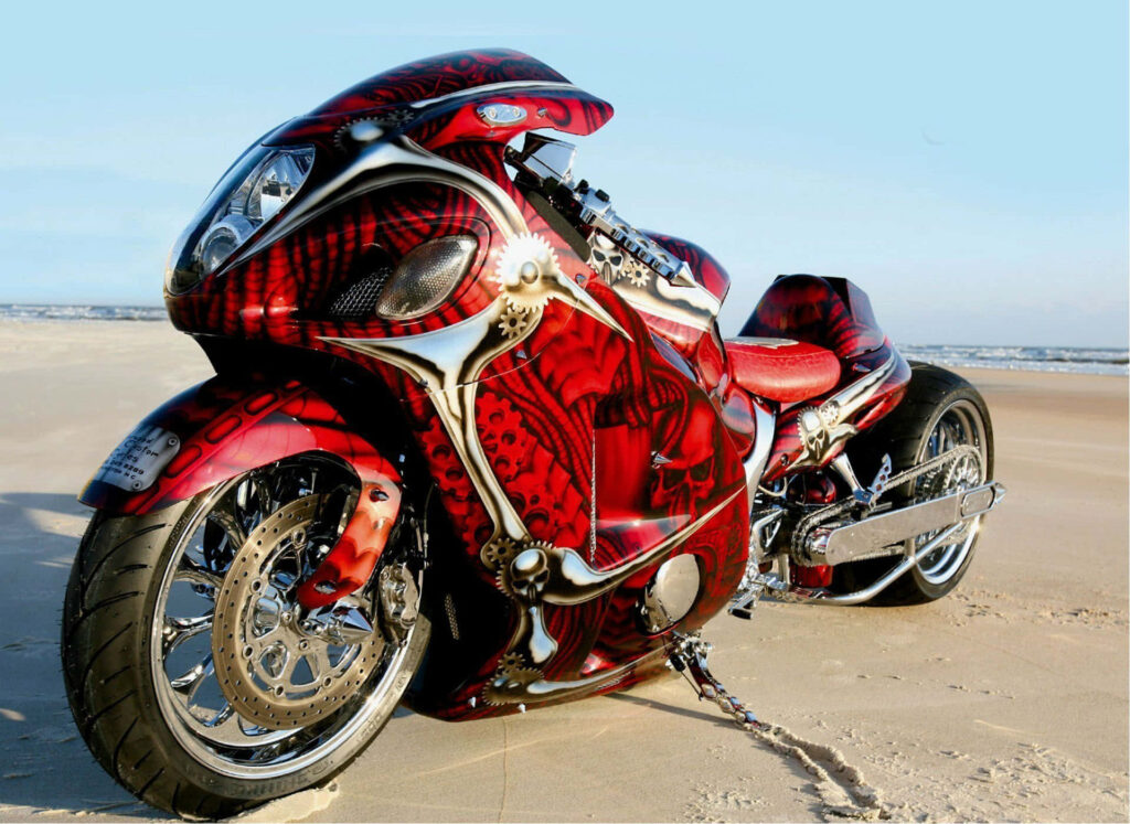 Stunning Red Custom Motorcycle Wallpaper on Serene Beach