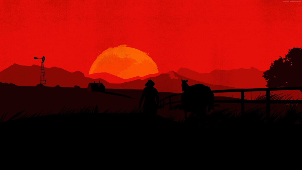 Vivid Red Dead Redemption 2 Sunset: Cowboy & Horse Wallpaper
