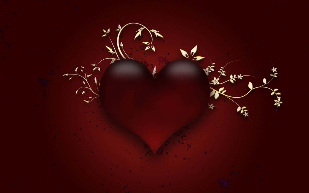 Romantic Red Heart Artwork with Golden Floral Designs - Wallpaper Background