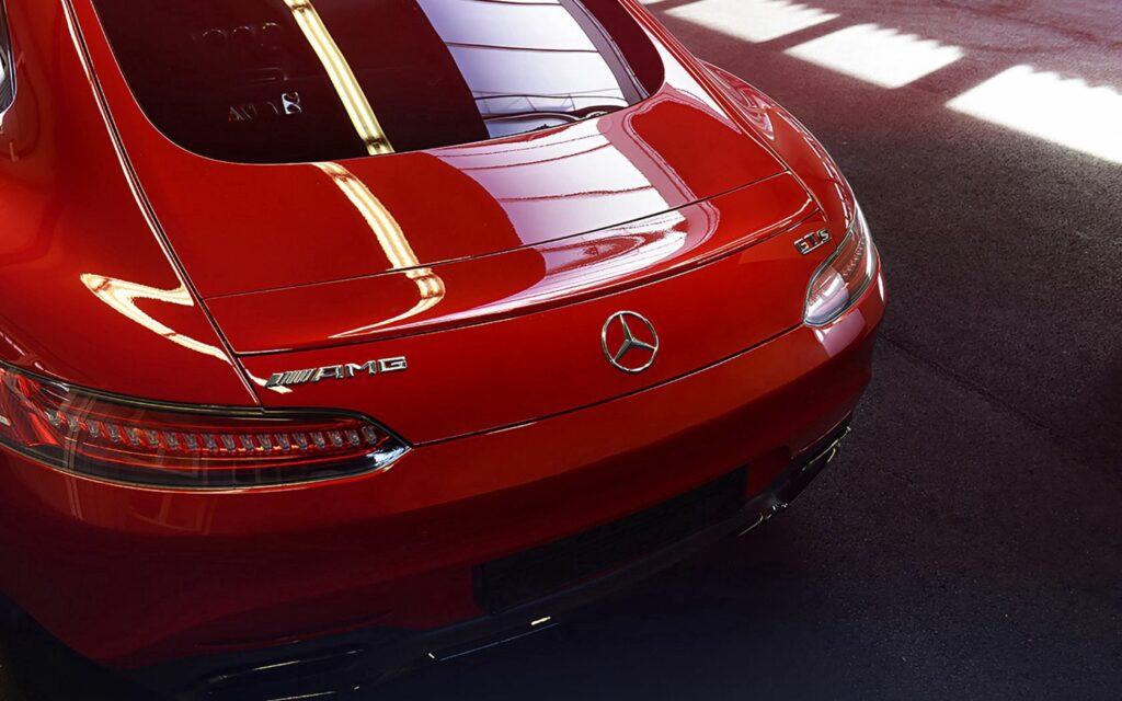Elegant Red Mercedes-Benz AMG Rear View Wallpaper - Luxury Design