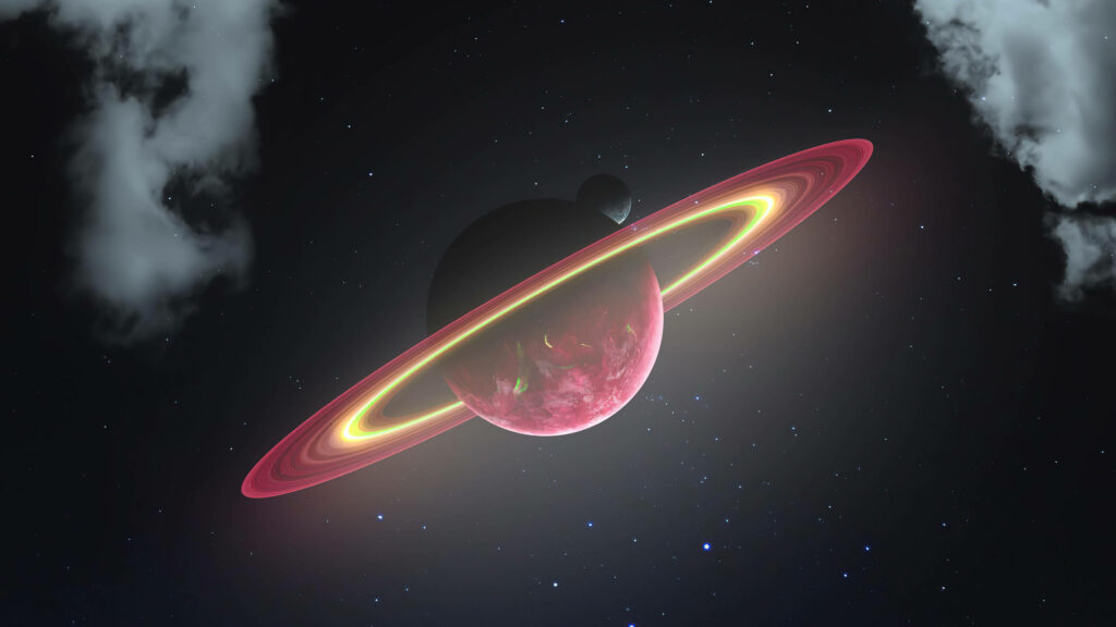 Stunning Red Planet Wallpaper with Glowing Rings & Cosmic Clouds