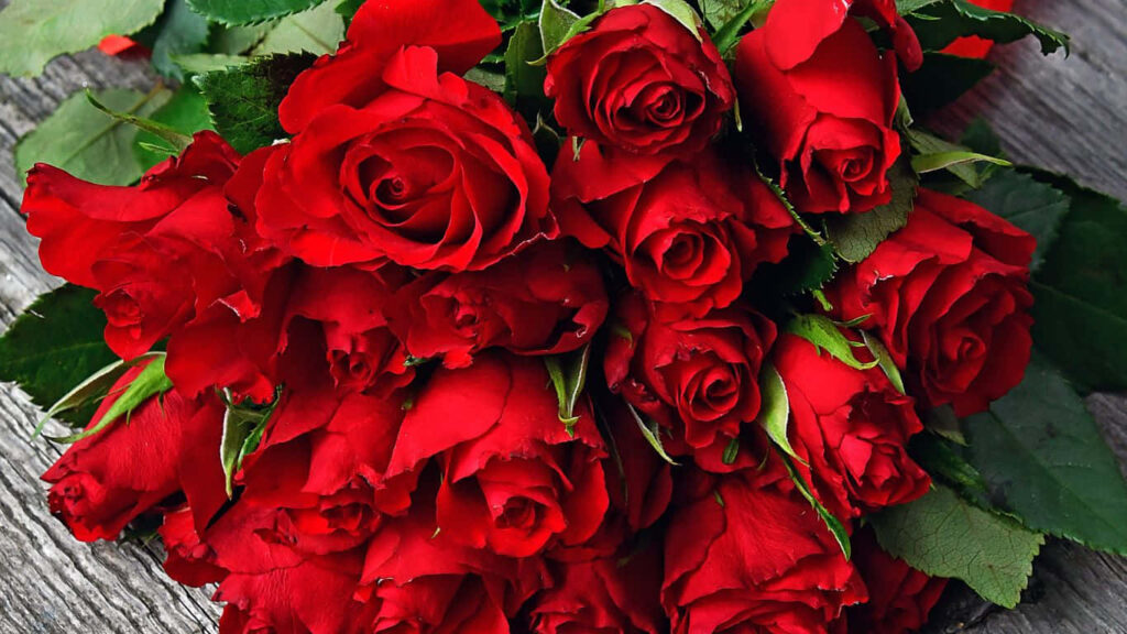 Vibrant Red Roses Bouquet on Rustic Wooden Background Wallpaper