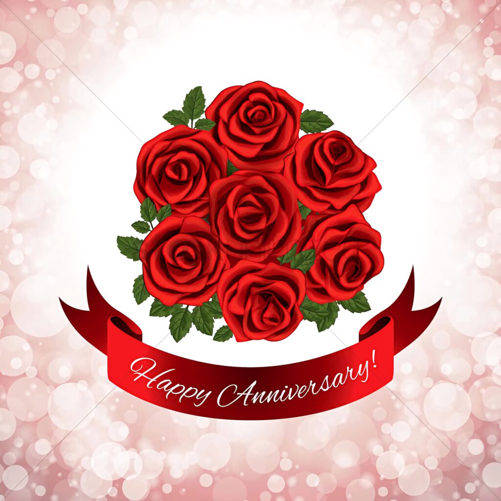 Bouquet of red roses with Happy Anniversary ribbon on soft bokeh background wallpaper