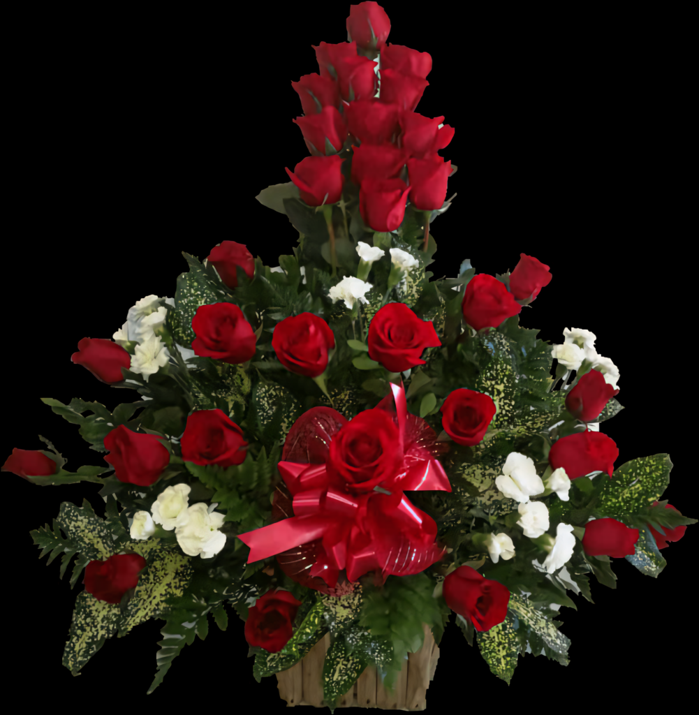 Elegant Red Roses Bouquet Wallpaper with Greenery & Ribbon