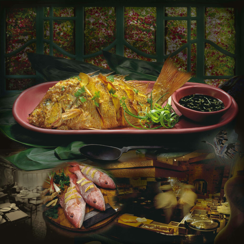 Elegant Red Snapper Dish: Culinary Art & Vibrant Ambiance Wallpaper