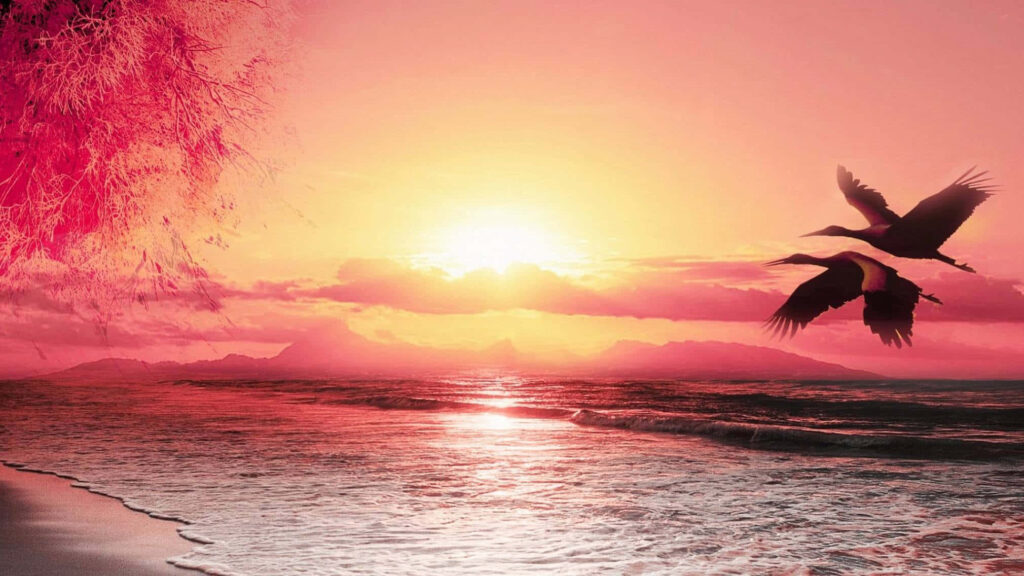 Stunning Red Sunset Over Tranquil Ocean with Silhouetted Mountains Wallpaper