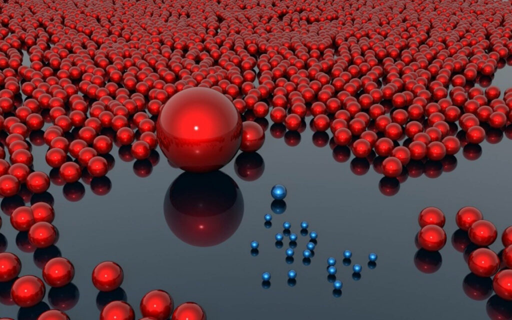 Striking 3D Wallpaper of Red & Blue Balls on Reflective Black Surface