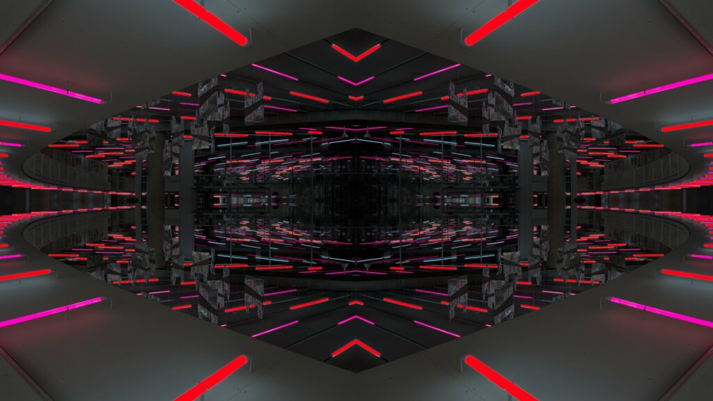 Glowing Red & Pink Neon Abstract Wallpaper: Symmetrical Maze Design