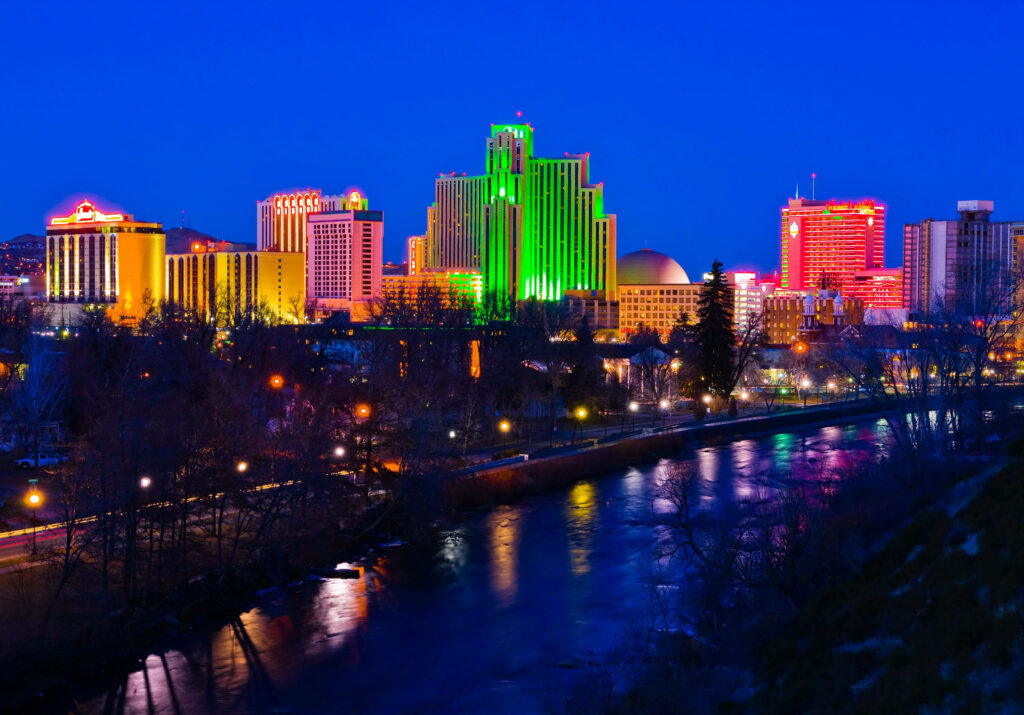 Stunning Neon Reno Skyline Wallpaper: Night Lights & River Reflections