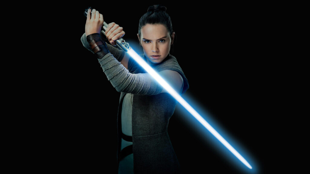Stunning 4K Rey Wallpaper with Iconic Blue Lightsaber - Star Wars
