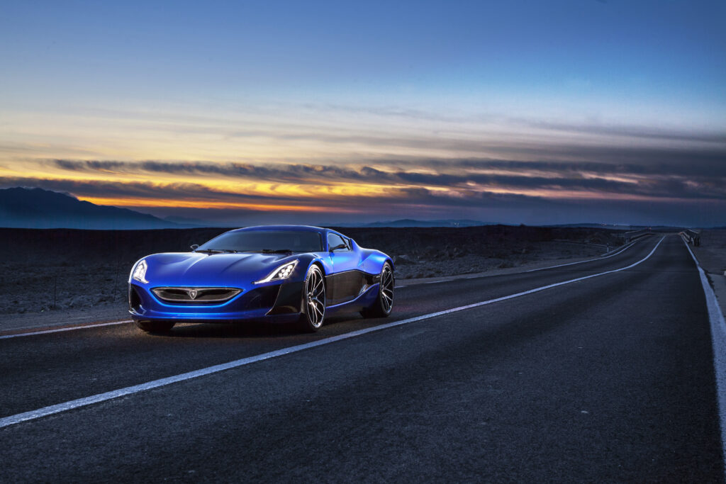 Vibrant Rimac Electric Car at Dusk: Speed & Innovation Wallpaper