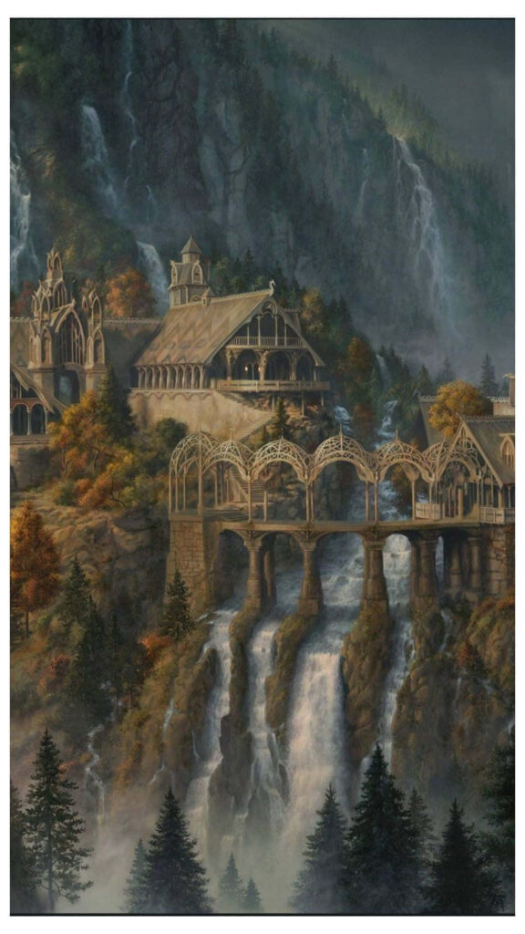 Stunning Rivendell Fantasy Artwork: Cascading Waterfalls & Elven Beauty Wallpaper