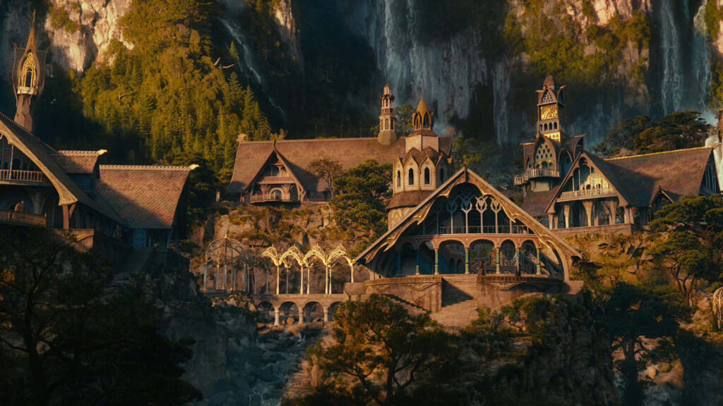 Serene Rivendell Wallpaper: Mystical Waterfalls & Enchanting Architecture