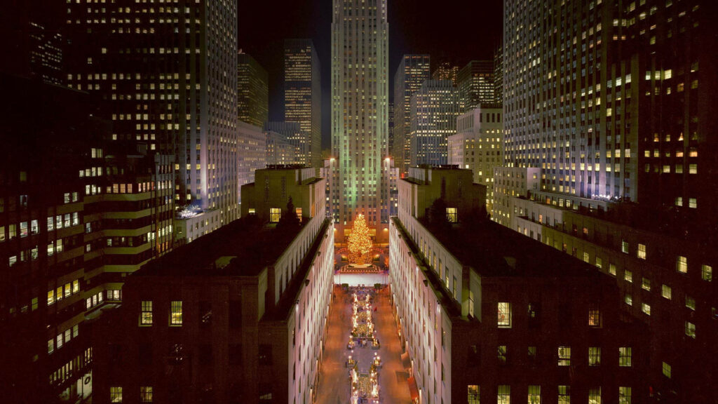 Stunning Rockefeller Center Night View: Iconic Design & Xmas Tree Wallpaper
