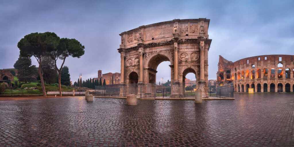 Pastel Evening Sky Wallpaper: Arch of Constantine & Colosseum Reflection