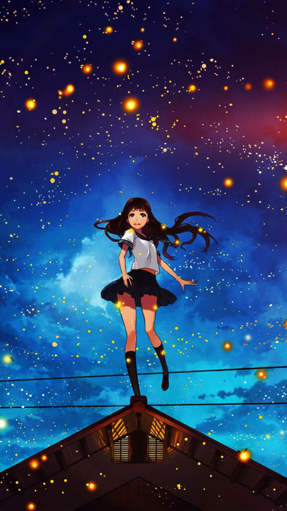 Enchanting Rooftop Girl Wallpaper: Starry Night & Fireflies Art