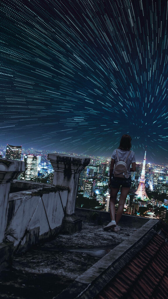 Stunning Tokyo Rooftop Wallpaper: Girl with Starry Night Cityscape