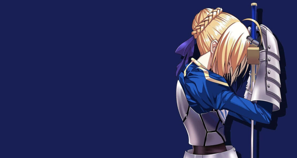 Stunning Saber Wallpaper: Elegant Armor & Sword on Dark Blue Background