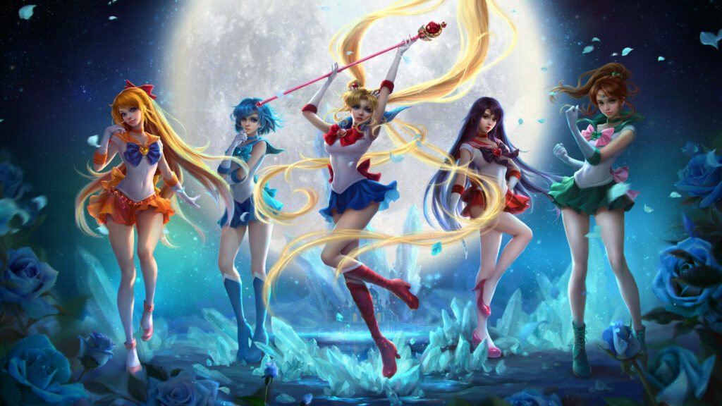 Stunning 4K Wallpaper of Sailor Guardians with Magical Moonlit Backdrop