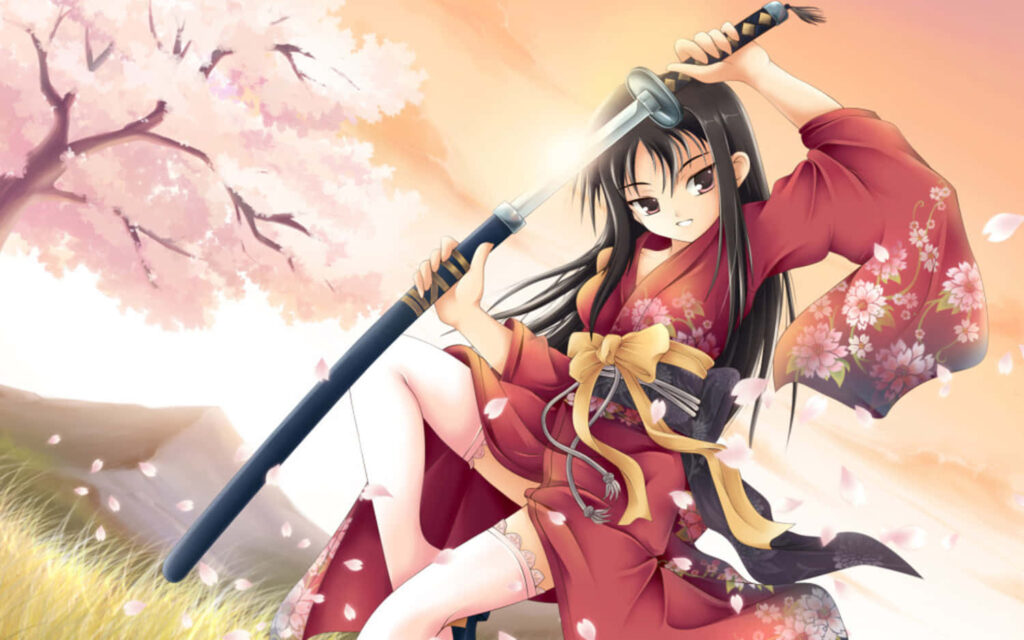 Vibrant Sakura Samurai Girl Wallpaper - Elegant Anime Art
