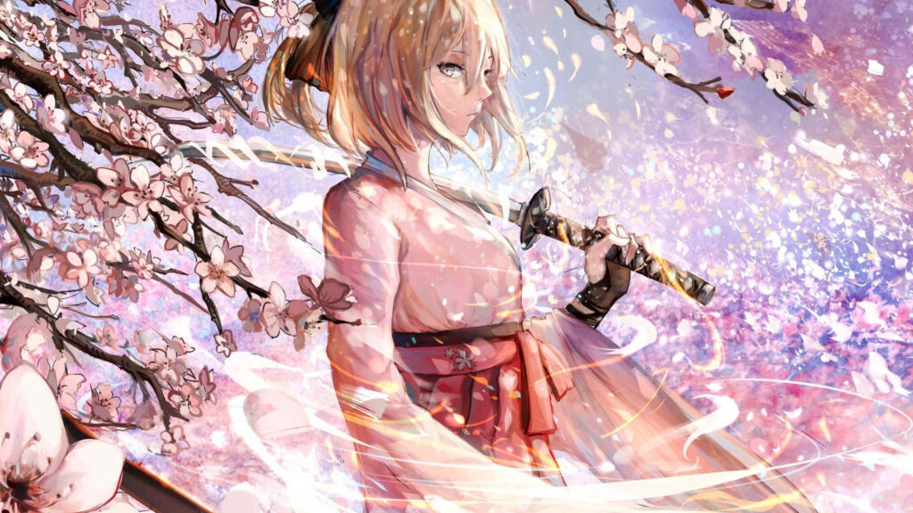 Elegant Samurai Girl Wallpaper from *Fate/Grand Order* with Sakura