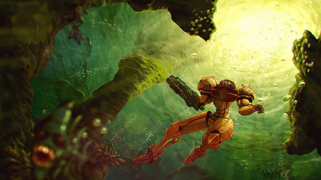 Samus Aran in Underwater Scene – Metroid Dread Wallpaper Background