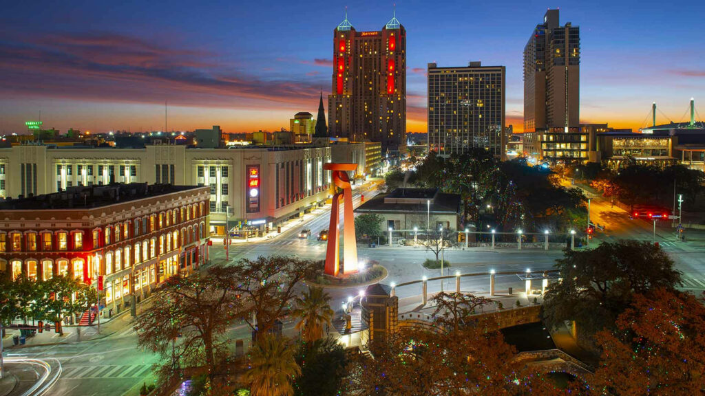 Stunning San Antonio Night View Wallpaper: Torch of Friendship & City Lights