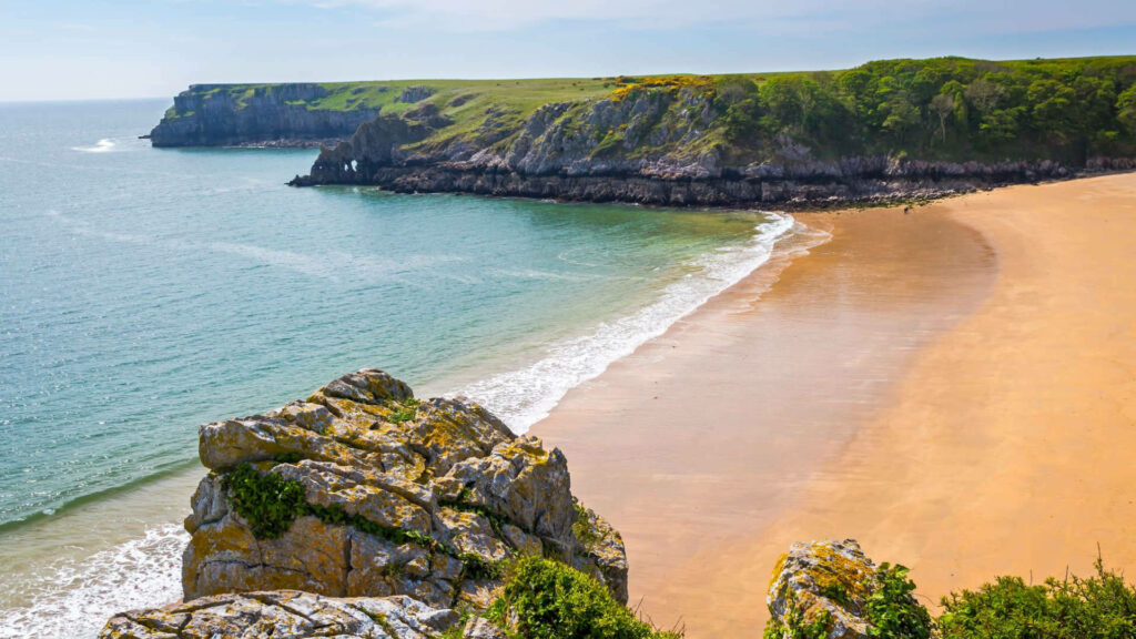 Stunning Sandy Beach with Waves and Lush Cliffs Under Blue Sky Wallpaper