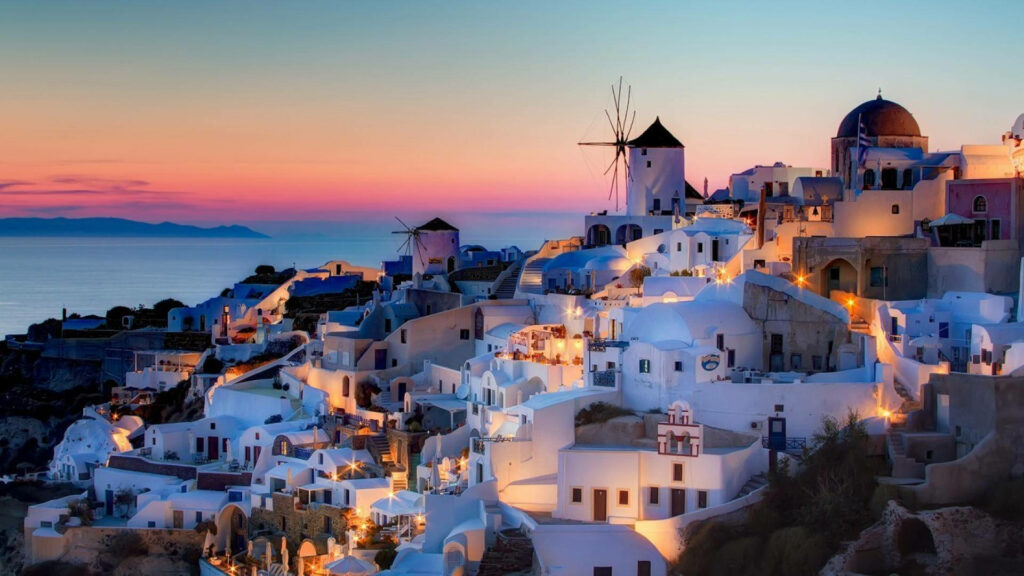 Stunning Santorini Wallpaper: Whitewashed Houses & Sunset View
