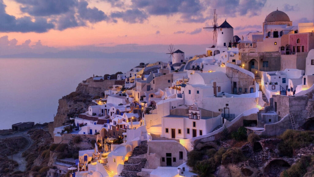Stunning Santorini Sunset Wallpaper: Windmills & Twilight Charm